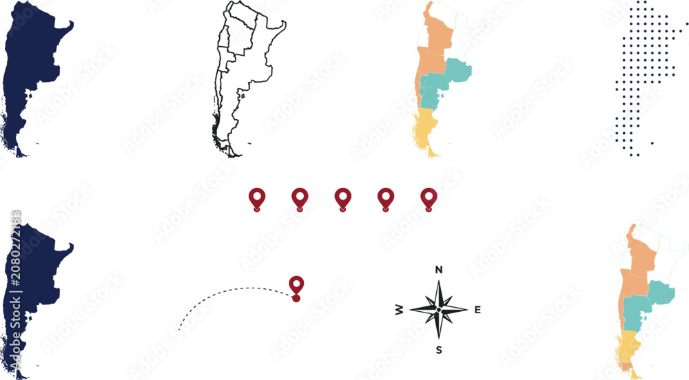 Obraz premium Argentina Map Vector Icon Set Featuring Silhouette Contour Regional Multi Color Variants Dotted Pattern Location Pins Route and Compass Rose Elements