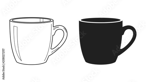Two Mugs, One Outline, One Solid: A minimalist graphic featuring two coffee mugs side-by-side, one rendered in a clean black outline and the other as a solid black silhouette.