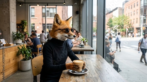 Anthropomorphic fox wearing sunglasses drinking coffee in a cafe