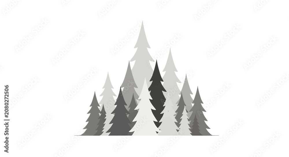 Obraz premium A cluster of stylized pine trees in various shades of grey, forming a forest-like graphic illustration.