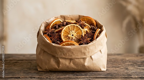 Dried orange slices and star anise in a rustic paper bag