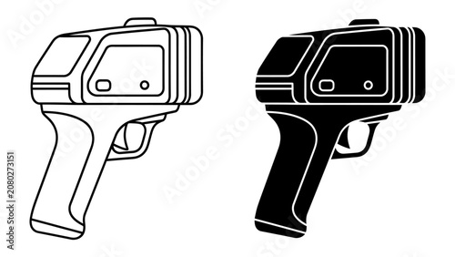 Foto Infrared Thermometer Icons: A set of two digital thermometer icons, one in outline and one in solid black, representing a tool for measuring temperature without contact