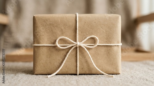 Brown paper gift box wrapped with white twine bow on soft fabric