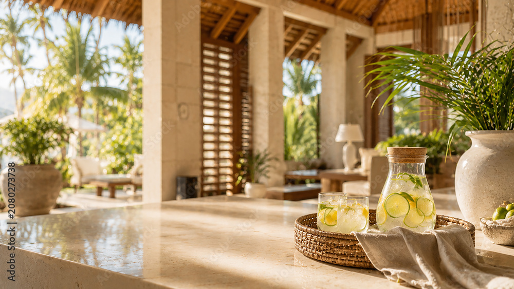 Fototapeta premium Refreshing Lemon Water on a Luxury Tropical Resort Terrace