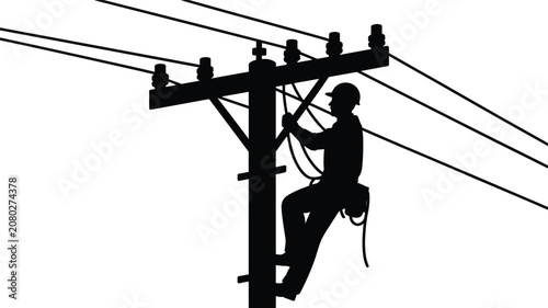 Silhouette of lineman working on utility pole with power lines and insulators on white background Keywords: lineman, electricity
