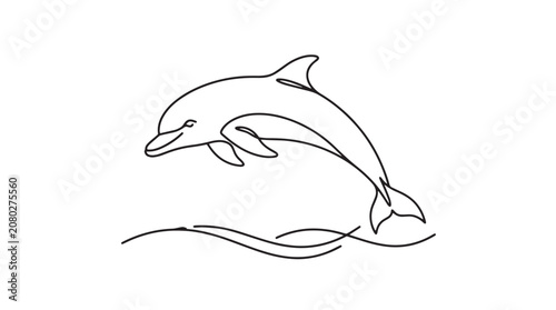 Canvas Print Minimalist continuous line art dolphin jumping, elegant black ink sea mammal vec