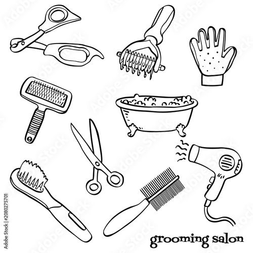 Set of pet grooming tools and accessories. Hand drawn doodle illustration of pet grooming salon equipment. Collection of pet care and hygiene tools. Professional dog and cat grooming tools collection