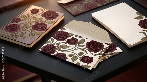 Elegant floral stationery set with dark red roses on a table