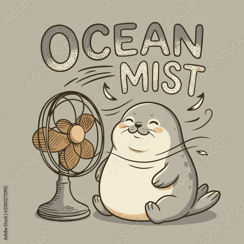 Cuadro en lienzo Cartoon seal enjoying electric fan.