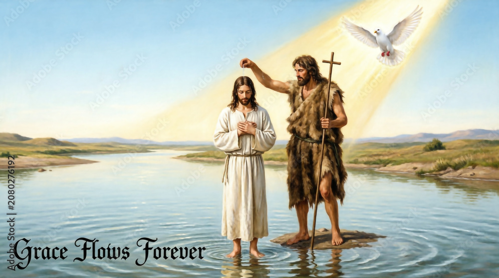 Fototapeta premium Jesus baptism vintage artwork holy moment with river light and sacred Christian illustration.