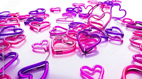 Glowing pink and purple neon hearts scattered on a white surface