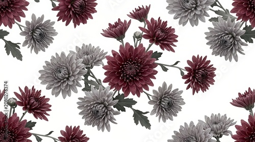 Elegant burgundy and grey chrysanthemum floral pattern