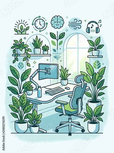 Ergonomic home office with biophilic design and lush green plants