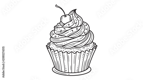 Bild auf Leinwand Hand drawn cupcake vector illustration, sweet dessert with swirl frosting and ch