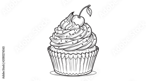 Obraz na plátně Hand drawn cupcake vector illustration, black and white line art muffin with swi
