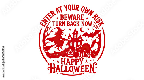 Εκτύπωση καμβά Happy Halloween Red Graphic: Witch, Haunted House, Black Cat, Bat, Pumpkin