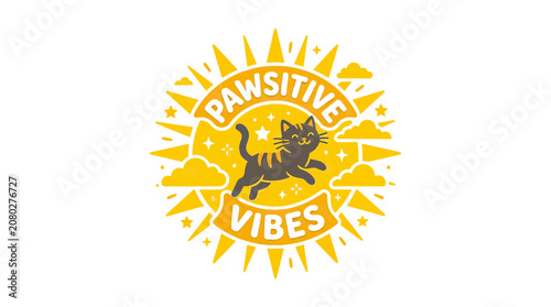 Bild auf Leinwand Pawsitive Vibes Cat Sun T-shirt Design with Clouds and Stars