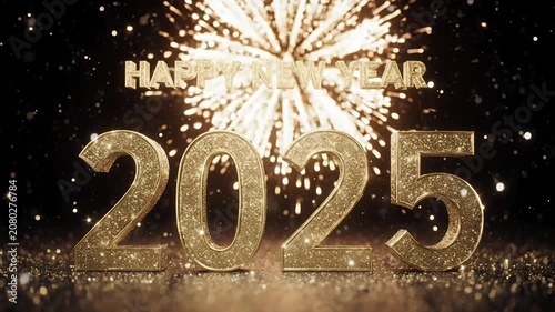 Happy New Year 2025 Golden Glitter Text With Fireworks Background