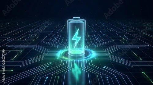 Digital battery charging concept with glowing energy symbol placed on futuristic circuit board background representing renewable power storage solution and advanced electrical technology.