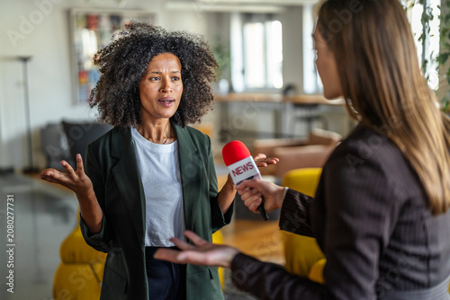Cuadro en lienzo Female journalist interviewing business woman with microphone news