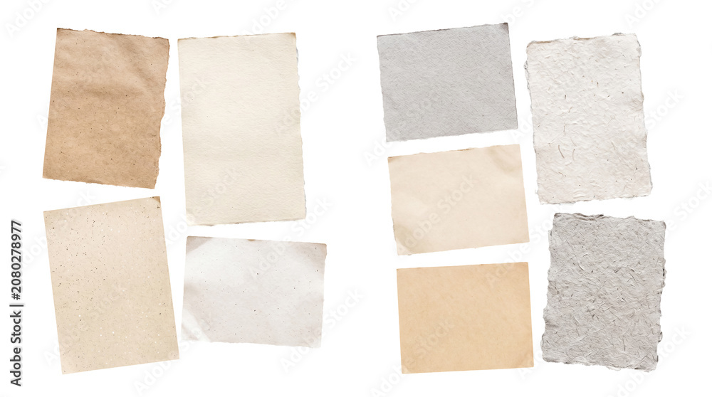 Fototapeta premium Varied set of blank, textured, and recycled paper pieces in neutral tones on a transparent background.