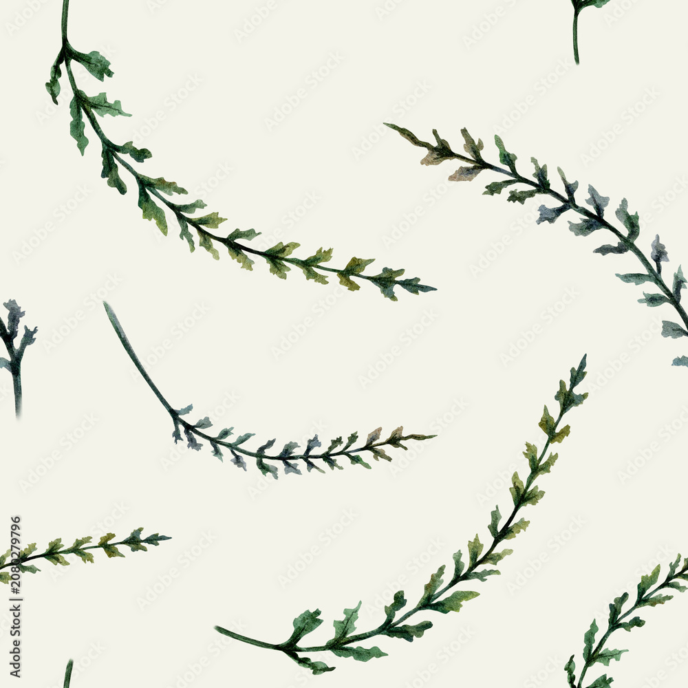 Obraz premium Yarrow leaves seamless pattern watercolor illustration on cream background. Achillea foliage for sensitive skincare cosmetics packaging, gentle organic child care branding, detox herbal tea print