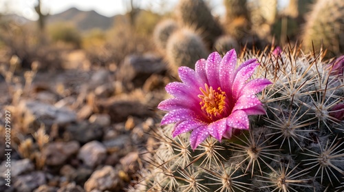 Macro Close Up of Beautiful Desert Cactus Flower Bloom With Water Drops