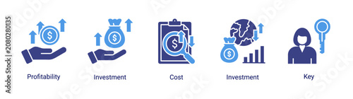 Fotografie Investment Analysis icon set featuring profitability assessment,cost evaluation,investment planning,and financial performance concepts