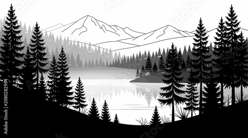 Serene Mountain Lake Landscape with Evergreen Trees Silhouette
