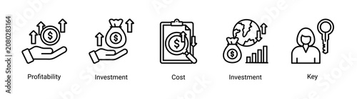 Tablou pe pânză Investment Analysis icon set featuring profitability assessment,cost evaluation,investment planning,and financial performance concepts