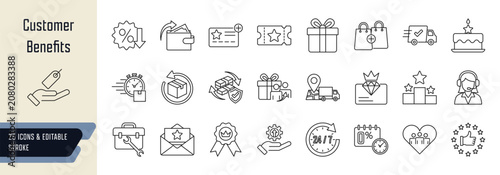 Customer benefits line icons collection, 25 editable stroke symbols depicting financial and reward, convenience and speed, exclusivity