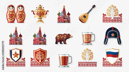 Russian Icons Pixel Art Set: Matryoshka, Samovar, Kremlin, Bear, Ushanka