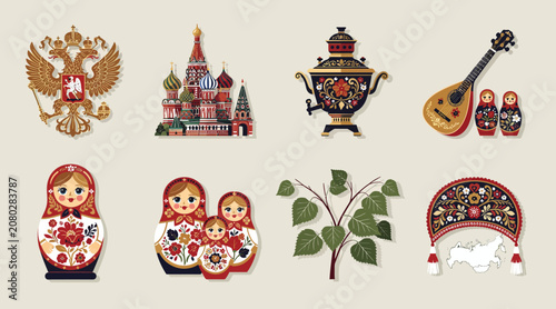Russian Culture Icons Set: Matryoshka, Kremlin, Samovar, Kokoshnik