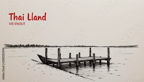 The image features a simple, monochromatic drawing of a wooden dock extending into a calm body of water. The dock is supported by vertical posts and appears weathered, with no people or boats present