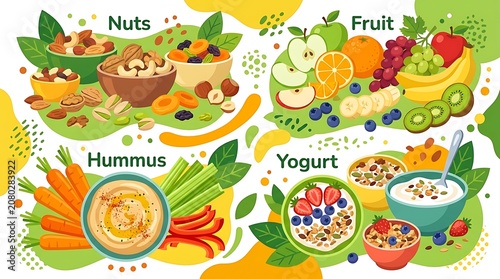 Variety of healthy snack options with nuts fruit hummus and yogurt