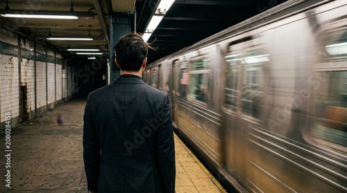 Rear view of a man in a suit standing on a subway platform as a train departs.