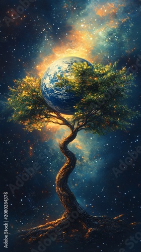 Surreal Artwork of Earth Growing from a Majestic Tree