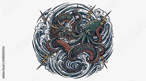 Photos Intricate black and white octopus illustration design.