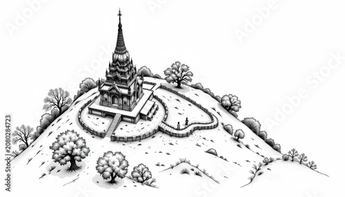 The image depicts a detailed black and white illustration of a religious shrine situated atop a small hill