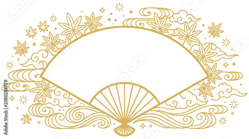 Elegant gold folding fan frame design featuring delicate maple leaf motifs.