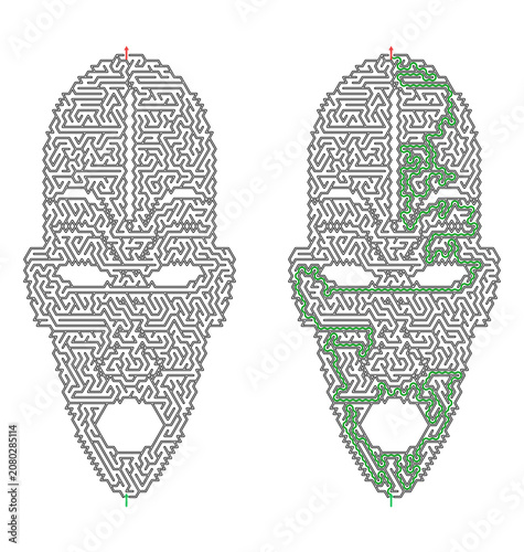 Vector maze puzzle in the shape of an African mask
with travel theme and solution on transparent background  