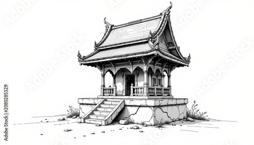 The image depicts a traditional Asian style pavilion elevated on a stone platform, accessed by a short flight of stairs