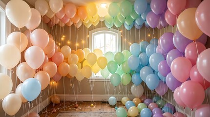 Room filled with colorful pastel balloons and fairy lights