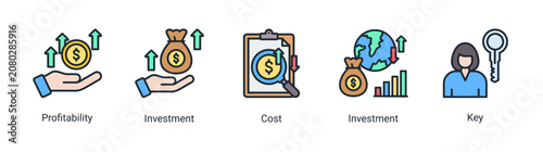 Φωτογραφία Investment Analysis icon set featuring profitability assessment,cost evaluation,investment planning,and financial performance concepts