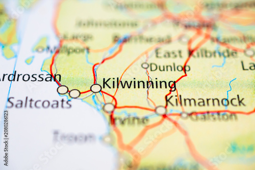 Принти на полотні Detailed road map close up featuring Kilwinning and Kilmarnock in Scotland