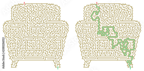 Foto A vector maze puzzle in the shape of a cozy armchair with a travel theme and the