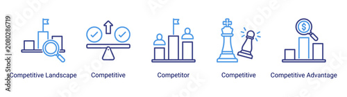 Foto Competitive Strategy icon set featuring competitor analysis,market rivalry,competitive positioning,and strategic advantage concepts