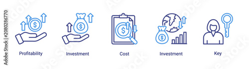 Canvas Print Investment Analysis icon set featuring profitability assessment,cost evaluation,investment planning,and financial performance concepts