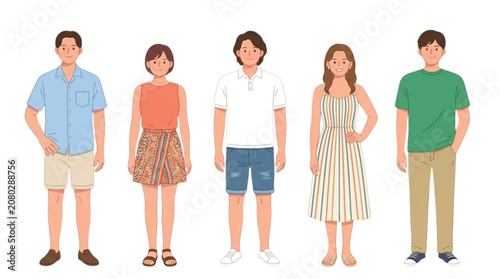 Five diverse young adults standing together wearing casual summer fashion vector illustration