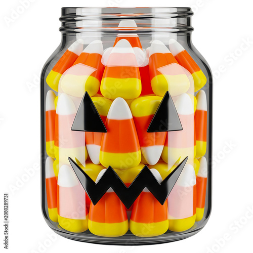 Glass jar filled with candy corn featuring a jack-o'-lantern face decoration on a transparent background